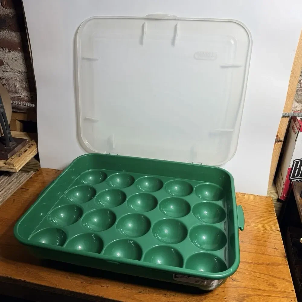 2 Green Sterilite Ornament Storage Box Case 20 Piece Hinged Lid Snap Closure 20